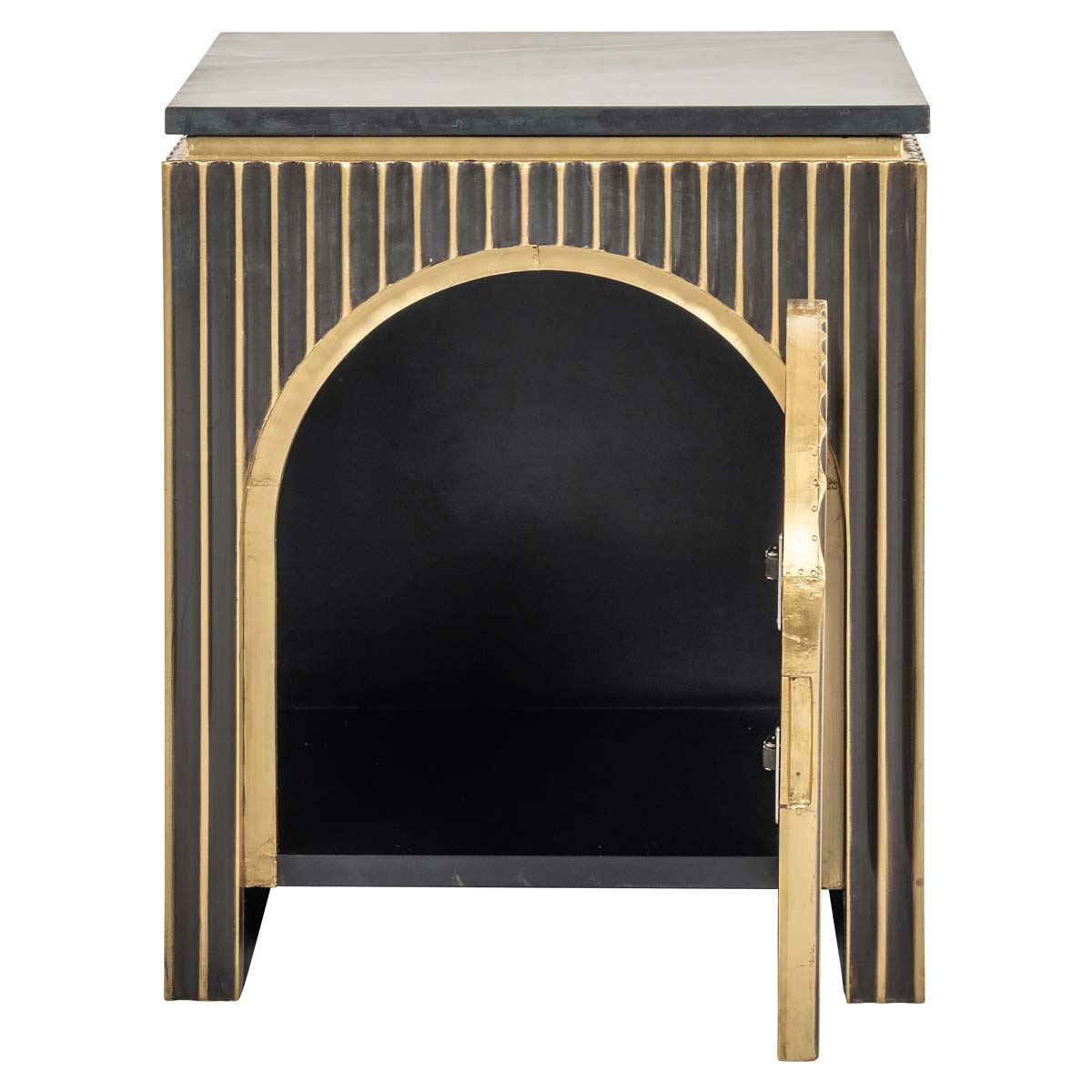 Nachttisch Les Arcs 1-tuerig (Brushed Gold) Nachttisch Les Arcs 1-tuerig (Brushed Gold), frontal offen aufgenommen. Modernes und elegantes Design, ideal für stilvolle Wohnräume