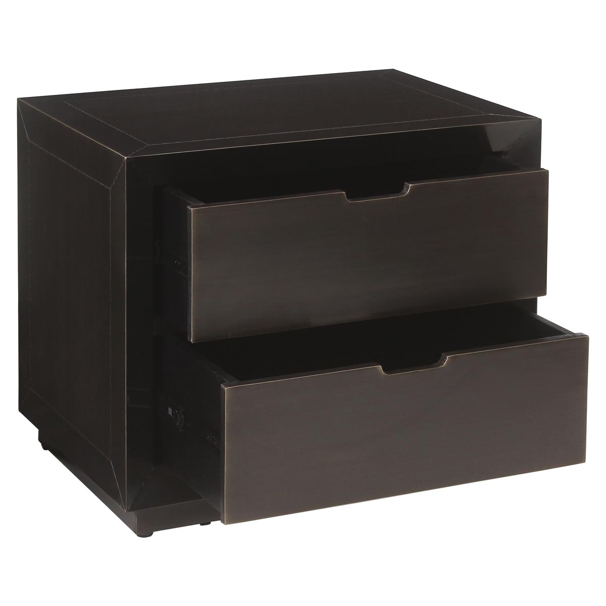 Nachttisch Dante 2-Schubladen (Bronze), seitlich offen aufgenommen. Modernes und elegantes Design, ideal für stilvolle Wohnräume