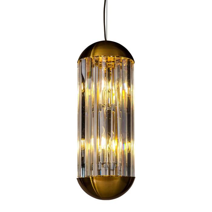Hängelampe "Sila" in Bronze, vertikale Ellipsenform mit Glasstäben in der Mitte, elegante Kristallelemente, stilvolle Beleuchtung für jedes Interieur.
