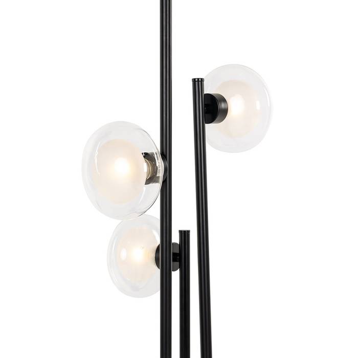 Schwarze Stehleuchte Luva aus Eisen und Glas, mit modernem Design. Ideal für Wohnzimmer, Büros oder Leseecken, bietet sie stilvolle Beleuchtung