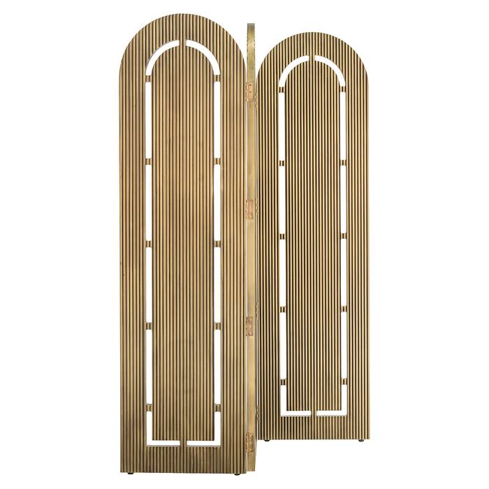 Das Bild zeigt den Raumteiler Macallen von Richmond Decoration. Das Produkt hat ein gebürstetes Gold-Finish und besteht aus mehreren rechteckigen Elementen, die miteinander verbunden sind.