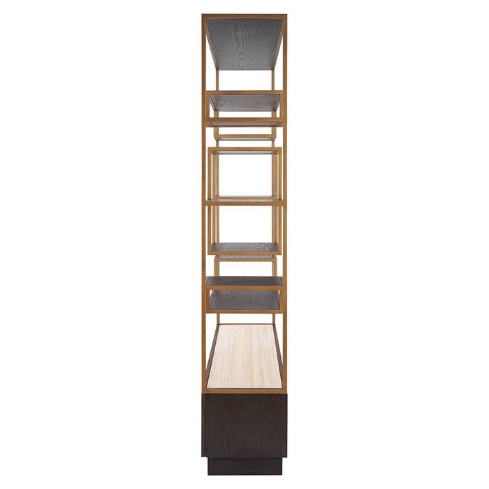 Regal Claremont (braun) Das Bild zeigt das Regal Claremont (braun) von der Seite. Die braune Holzoberfläche und die stabilen Regalböden sind gut sichtbar.