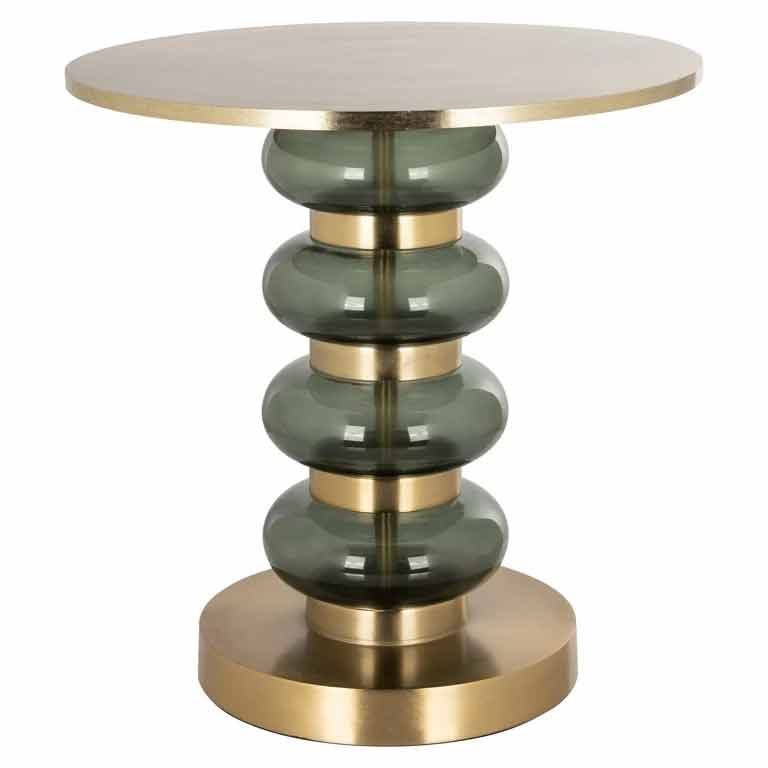 Moderner Beistelltisch mit rundem Marmortischplatte, zentraler Säule aus abwechselndem grünem Glas und goldenen Metallbändern, sowie einer stabilen goldenen Basis
