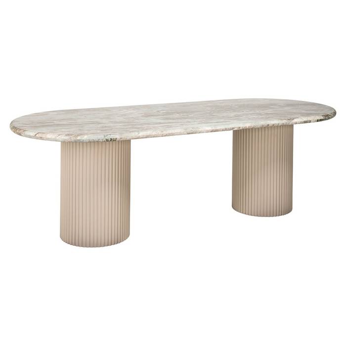 Esstisch Coronel (beige) mit zwei gewellten Beinen.