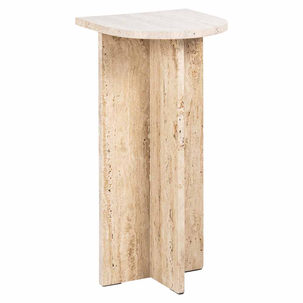 Schmaler, hoher Tisch aus hellem Holz mit rustikalem Finish und sichtbarer Holzmaserung, ideal als Akzentstück oder funktionales Möbelstück für kleine Räume.