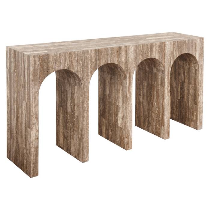 Das Bild zeigt den Ablagetisch La Rague (grau). Der Tisch hat eine runde Tischplatte und ein elegantes, modernes Design mit einer grauen Oberfläche und vier bogenförmigen Beinen,