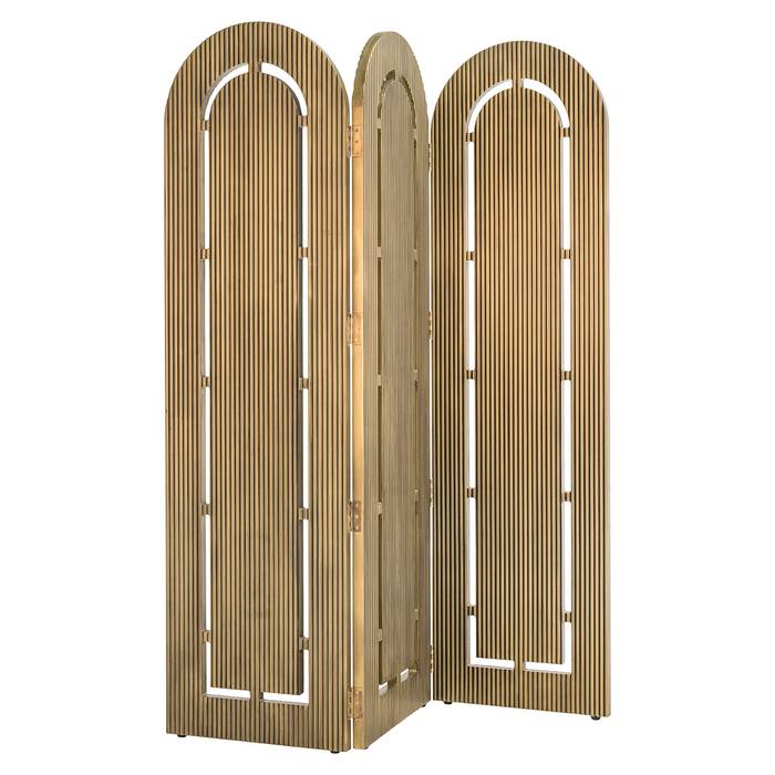 Das Bild zeigt den Raumteiler Macallen von Richmond Decoration. Er hat ein gebürstetes Gold-Finish und besteht aus mehreren rechteckigen Elementen.