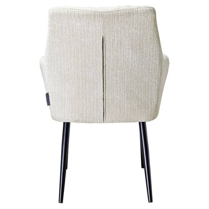 Das Bild zeigt den Esszimmerstuhl Chrissy (Niagara 902 beige) von hinten. Die weiche, beige Polsterung aus Chenille-Stoff und die stabilen, schwarzen Metallbeine sind gut sichtbar.