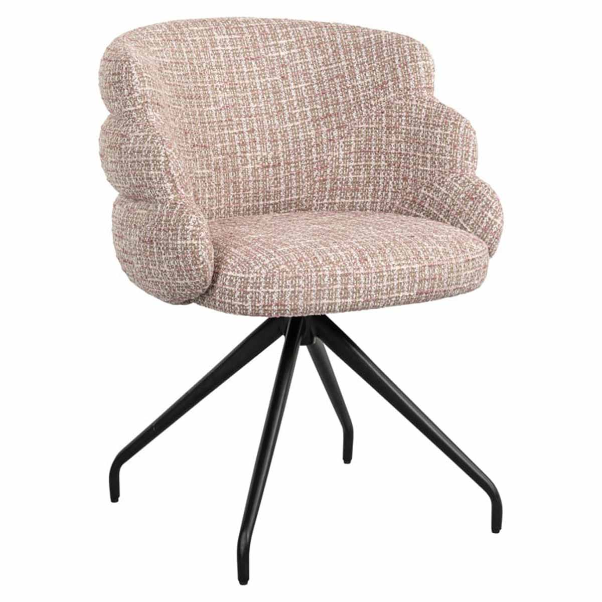Drehstuhl Kayla trendy rosa Das Bild zeigt den Drehstuhl Kayla (trendy rosa). Der Stuhl hat eine zartrosa Polsterung und steht auf vier stabilen, schwarzen Metallbeinen. Die Rückenlehne und die Sitzfläche sind komfortabel gepolstert.