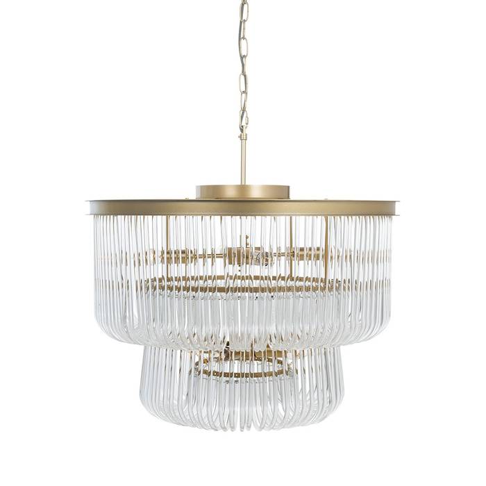 Hängelampe "Romy" von Richmond Interiors, gebürstetes Gold, goldene Metalakzente und zwei Glaslampenschirme, elegantes Design für eine luxuriöse Atmosphäre.