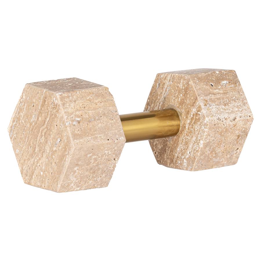 Ein Bild zeigt das Deko-Objekt Dumble in beige mit glänzendem Messing. Es ist ein kunstvoll gestaltetes Dekorationsstück mit einem eleganten, modernen Design von der seite.
