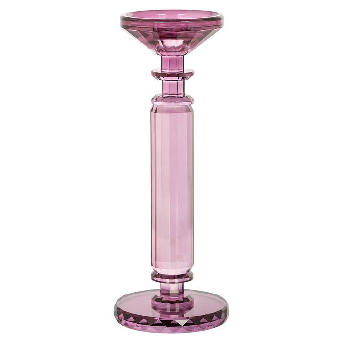 Kerzenhalter Maysa aus geschliffenem, lilafarbenem Glas mit transparentem Design – elegant und ideal für stimmungsvolle Lichtakzente.