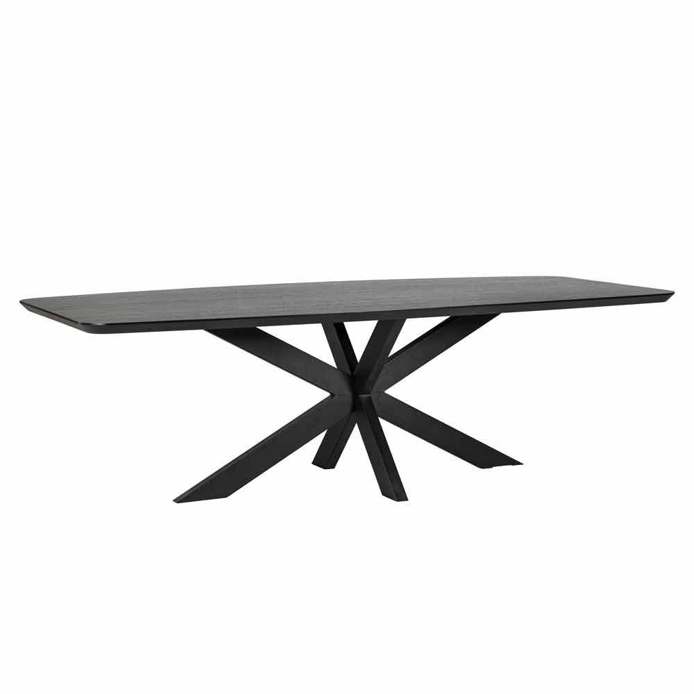 Esstisch Bonvoy 235 (schwarz) Moderner, minimalistischer Esstisch mit rechteckiger Tischplatte und geometrischem Untergestell, aus dunklem Material, vor weißem Hintergrund.
