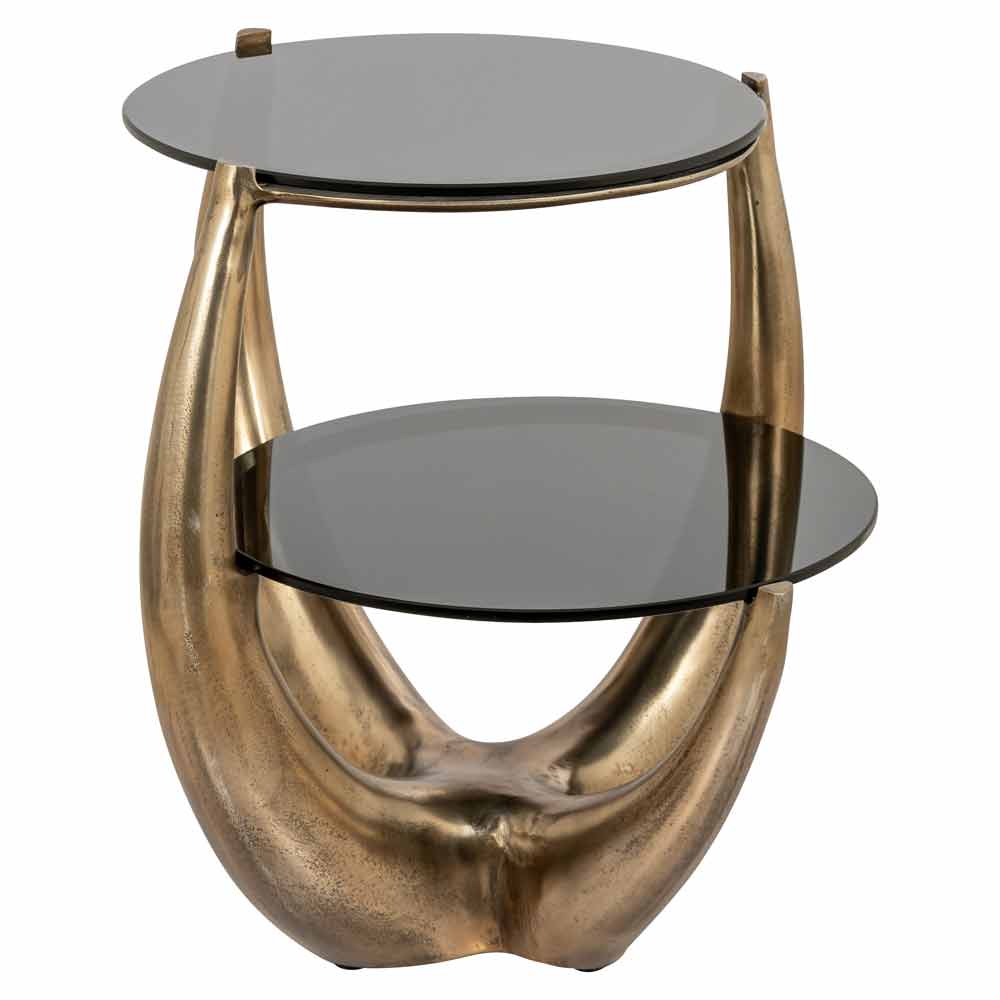 Beistelltisch mit einzigartigem Design, bestehend aus zwei runden Glasplatten, die übereinander angeordnet sind. Das Gestell hat eine skulpturale Form, die an eine Schleife oder einen Knoten erinnert, und ist in metallischem Gold gehalten.