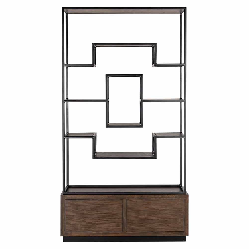 Regal mit geometrischem Design, zwei unteren Schubladen mit Holzverkleidung und Metallgriffen. Offene Metallregale darüber, die ein gestuftes Muster aus Rechtecken bilden.