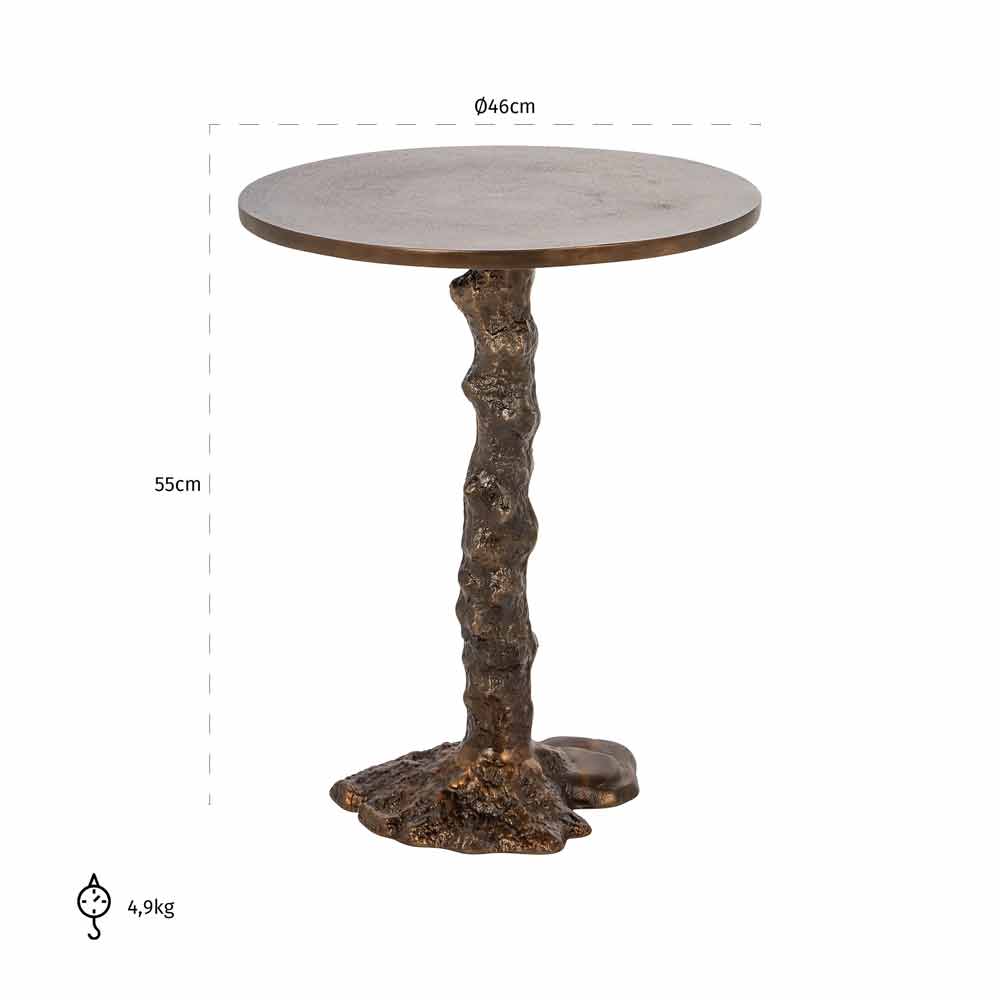 Runder Tisch mit einem zentralen Bein aus natürlichem, unregelmäßigem Material, das einem Baumstamm ähnelt. Durchmesser: 46 cm, Höhe: 55 cm, Gewicht: 4,9 kg.