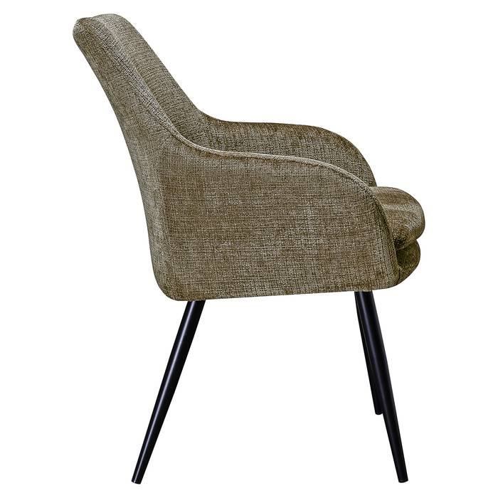 Das Bild zeigt den Esszimmerstuhl Chrissy (Niagara 104 Stone Chenille) von der Seite. Die weiche, steinfarbene Polsterung aus Chenille-Stoff und die stabilen, schwarzen Metallbeine sind gut sichtbar.
