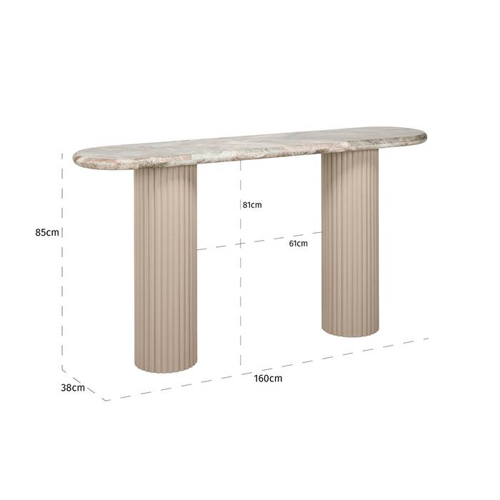 Ablagetisch Coronel, schräg von vorne aufgenommen. Modernes und elegantes Design mit den Maßen 85 x 38 x 160cm