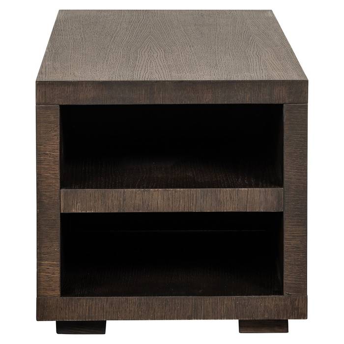 Oakura | Sofa-Element (braun) Gerne! Dunkelbraunes Holz-Sofaelement Oakura mit minimalistischem Design und zwei offenen Ablageflächen, von vorne gesehen.