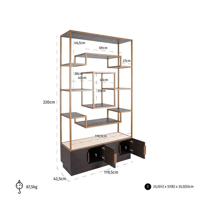 Regal Claremont (braun) Das Bild zeigt das Regal Claremont (braun) von hinten. Der Schrank ist 220 cm hoch, 42,5 cm lang und 119,5 cm breit.