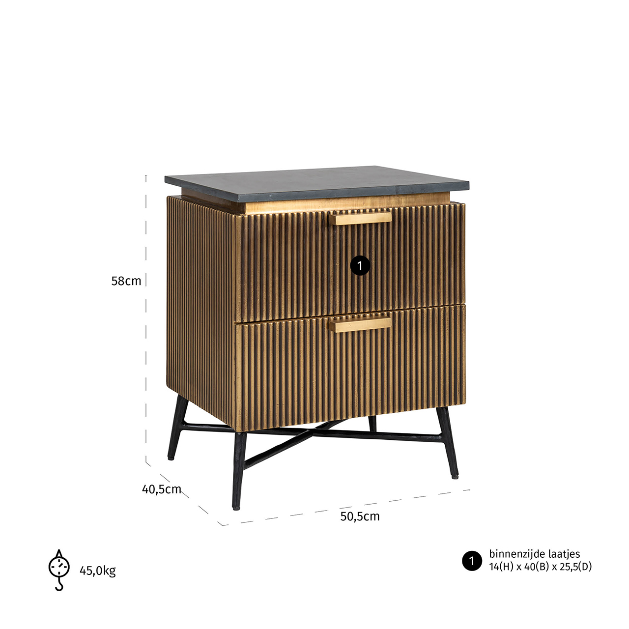 Ironville | Nachttisch mit 2 Schubladen (gold)