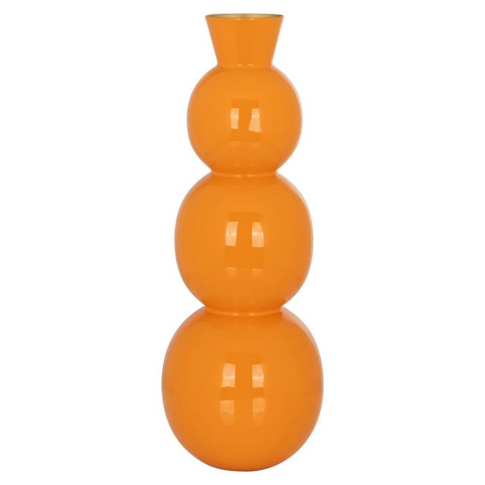 Kunstvolle Vase Sorrel in Orange mit goldfarbenem Innenraum. Ihre einzigartige Form aus gestapelten Kugeln und einem eleganten Kegel macht sie zu einem herausragenden Dekorationsstück.