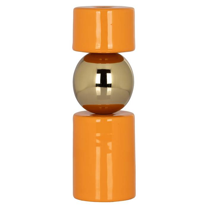 Kerzenhalter "Kira" in Orange und Gold, zylindrische Form mit goldener Kugel als Stielelement, glänzendes Eisen für ein auffälliges Dekorationsstück.