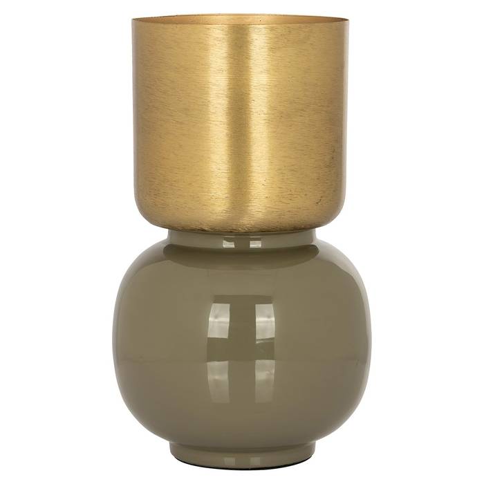  Exklusive Vase Clover in Gold und Taupe mit Oliv-Sockel und gold-gebürstetem Kelch