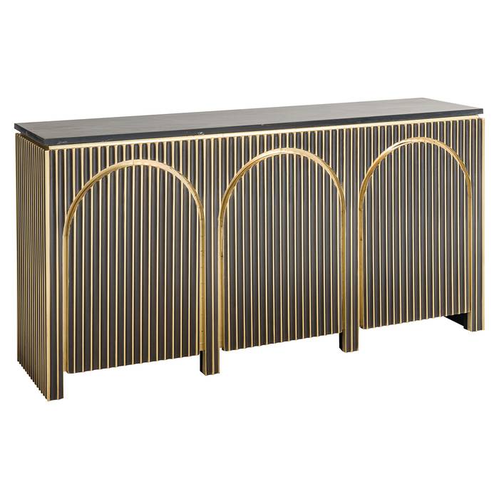 Ein Sideboard namens „Les Arcs 3-türig” in gebürstetem Gold. Das Sideboard hat ein elegantes, modernes Design mit drei gewölbten Türen. Die Vorderseite ist mit vertikalen Goldlinien verziert.