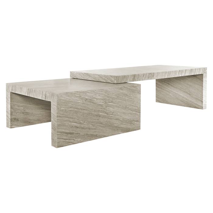 Das Bild zeigt das Couchtisch Novaz Set von 2 (weiß). Das Set besteht aus zwei ineinander verschachtelten rechteckigen Tischen in unterschiedlicher Größe. Beide Tische haben eine weiße Tischplatte.