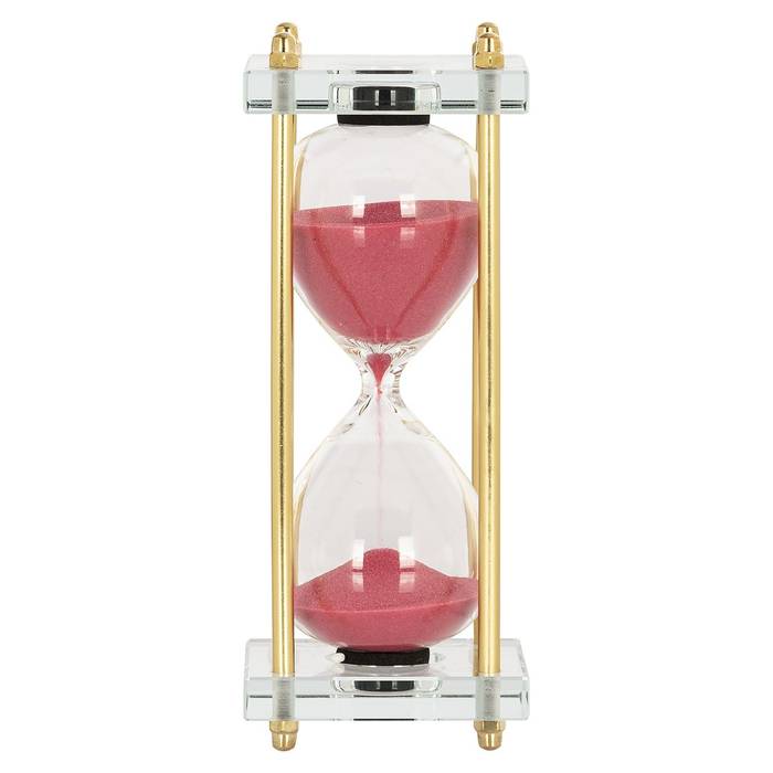 Richmond Deko-Objekt Sanduhr Ziva aus transparentem Glas mit pinkem Sand und goldenen Stäben. Ein elegantes, faszinierendes Dekorationsstück, das jeden Raum aufwertet.
