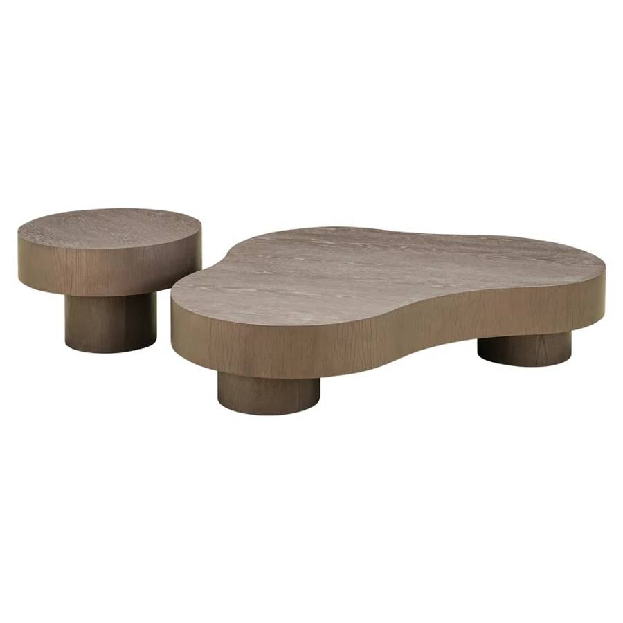 Das Bild zeigt das Couchtisch Bogor Set von 2 (bronze). Das Set besteht aus zwei Tischen in unterschiedlicher Größe. Der größere Tisch hat 3 kreise einandner, während der kleinere rund ist.
