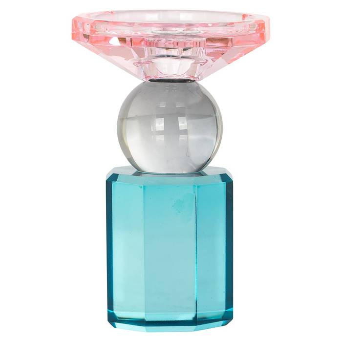 Kerzenhalter Michou aus durchsichtigem, gefärbtem Glas in Rosa, Weiß und Türkis. Geometrisches Design für moderne, verspielte Akzente.