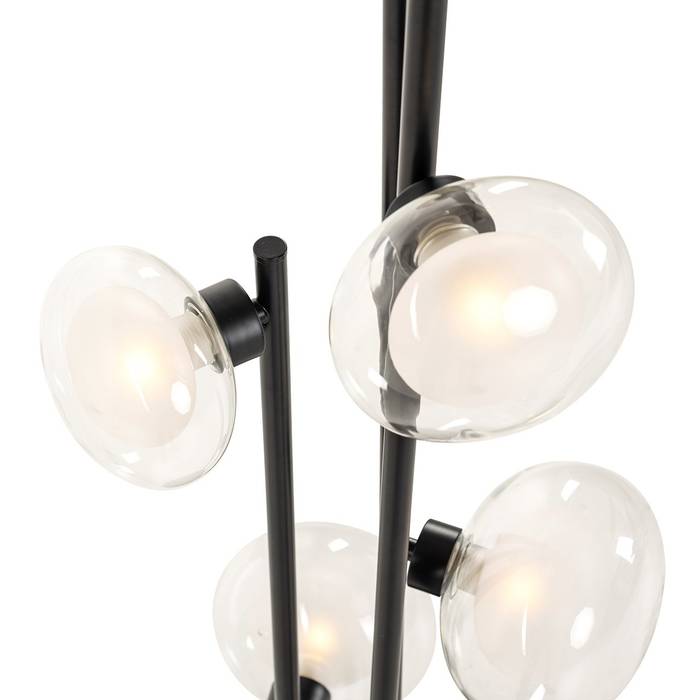 Schwarze Stehleuchte Luva aus Eisen und Glas, mit modernem Design. Ideal für Wohnzimmer, Büros oder Leseecken, bietet sie stilvolle Beleuchtung