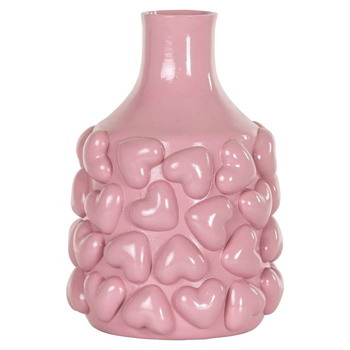 Eine rosa Vase namens „Alexia” mit einem glänzenden Finish. Die Vase hat ein einzigartiges Design mit zahlreichen erhabenen Herzformen, die den unteren Teil der Vase bedecken.