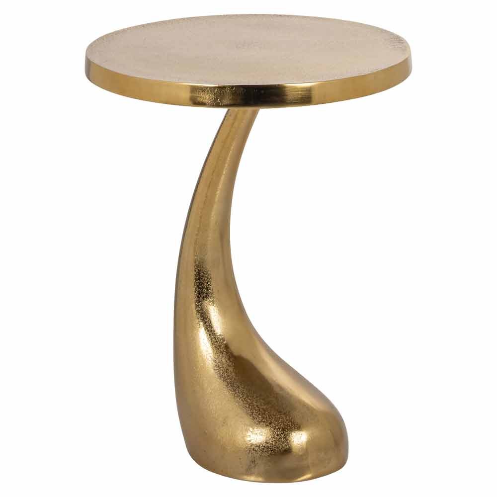 Beistelltisch mit einzigartigem Design: runde Tischplatte aus hellem Material, möglicherweise Stein oder Marmor, und gebogene Basis mit metallischem Finish, das wie Messing oder Gold aussieht.