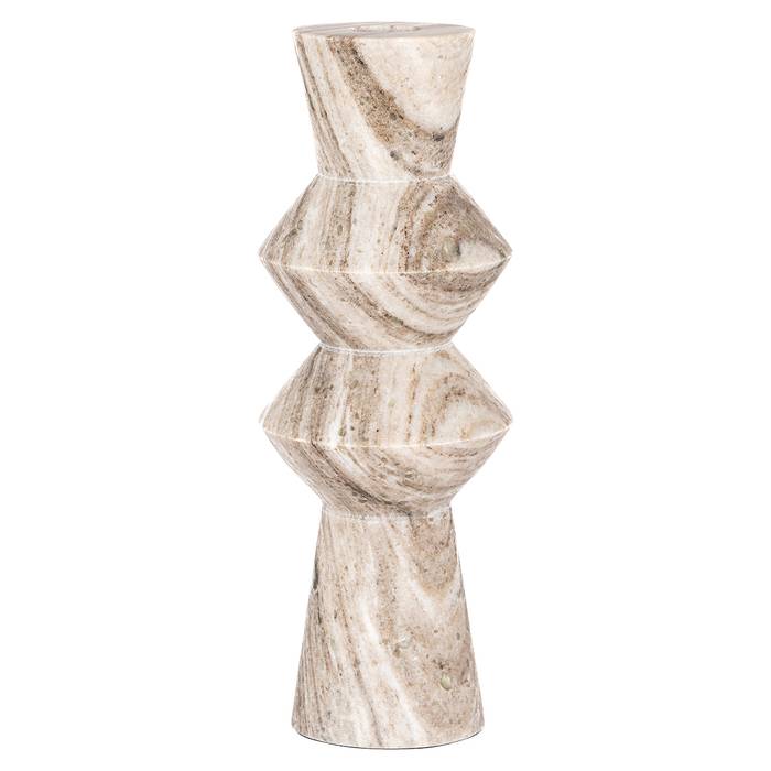 Eine beige Vase namens „Siem“ mit einem geometrischen, gestapelten Design und marmorierter Textur.