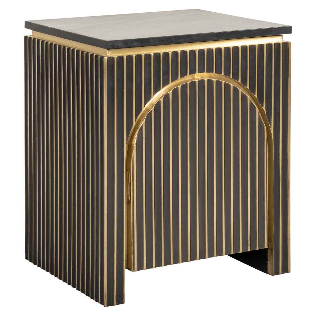 Nachttisch Les Arcs 1-tuerig (Brushed Gold) Nachttisch Les Arcs 1-tuerig (Brushed Gold), frontal seitlich aufgenommen. Modernes und elegantes Design, ideal für stilvolle Wohnräume