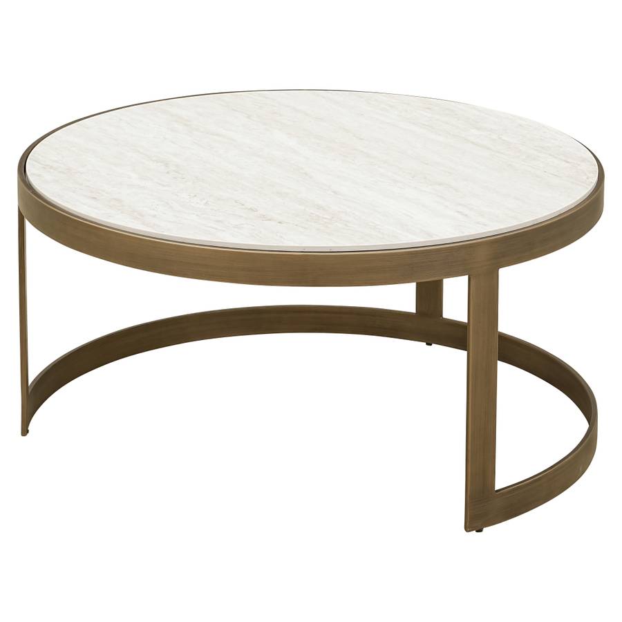 Das Bild zeigt den größeren Couchtisch aus dem Tivoli-Set (weiß) von vorne. Die runde Tischplatte hat eine glatte, weiße Oberfläche.