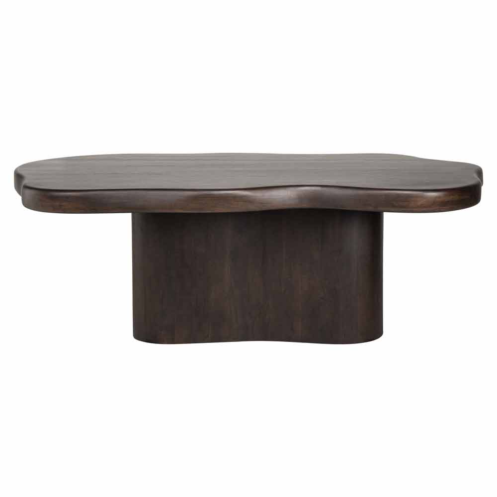 Holz-Couchtisch mit abgerundeter rechteckiger Tischplatte und geschwungenem Sockel. Dunkel gebeiztes Holz mit glatter Oberfläche.