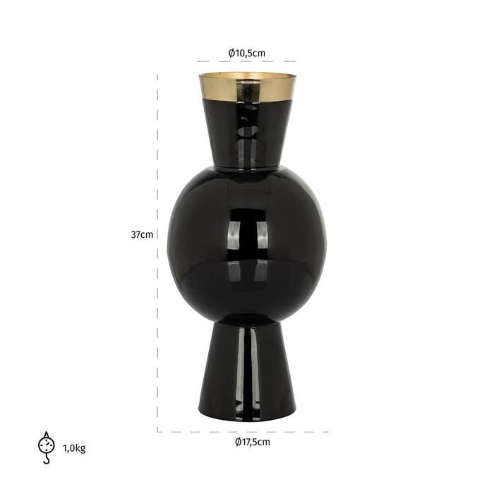  Die schwarze Vase Florence aus Eisen mit goldenen Details und Kegel-Kugel-Design mit Maßen