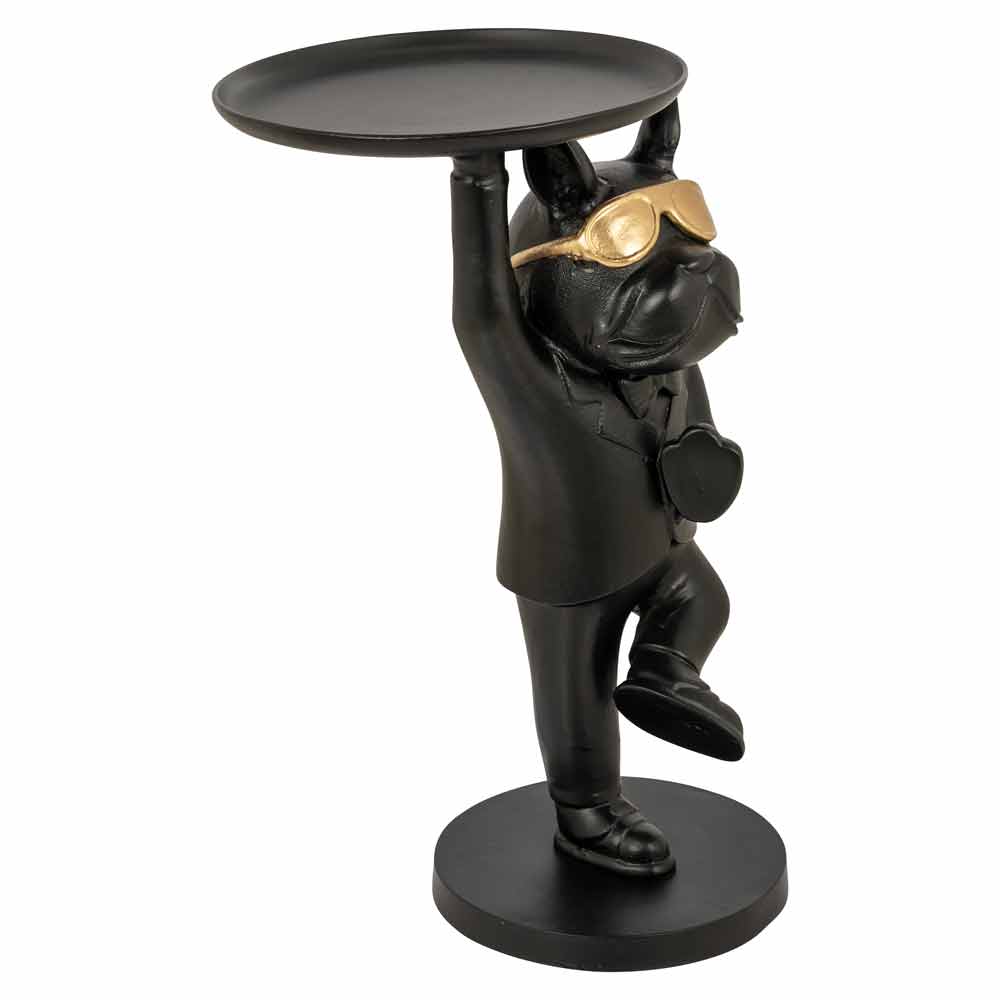 Eine dekorative Figur eines stilisierten Frosches, der auf zwei Beinen steht, einen Anzug und eine Brille trägt und ein rundes Tablett hält. Perfekt als einzigartiges Dekorationsstück oder als originelles Servieraccessoire.