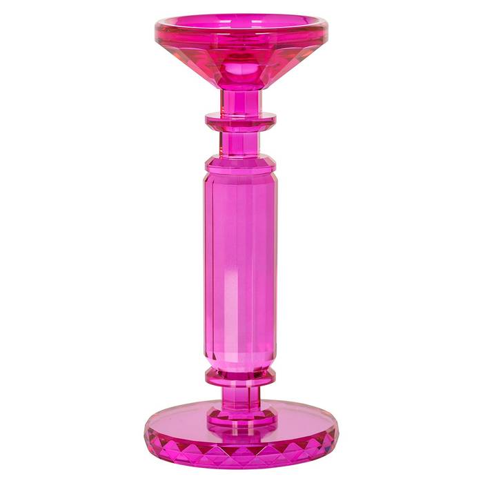 Kerzenhalter Poppy aus geschliffenem, pinkem Glas mit elegantem Design – ein dekorativer Blickfang für charmante Akzente im Raum.