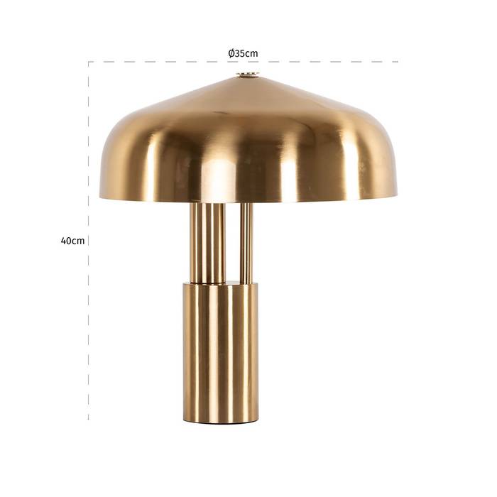 Die Tischleuchte Linzy Messing (Brushed Gold) hat ein modernes, minimalistisches Design. Die Lampe hat einen breiten, kuppelförmigen Schirm und einen zylindrischen Sockel.