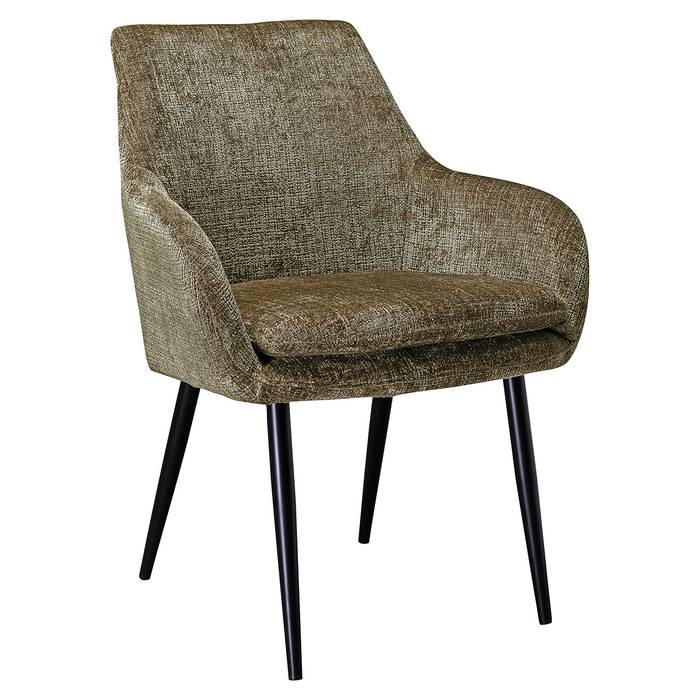 Das Bild zeigt den Esszimmerstuhl Chrissy (Niagara 104 Stone Chenille). Der Stuhl hat eine weiche, steinfarbene Polsterung aus Chenille-Stoff und steht auf stabilen, schwarzen Metallbeinen.