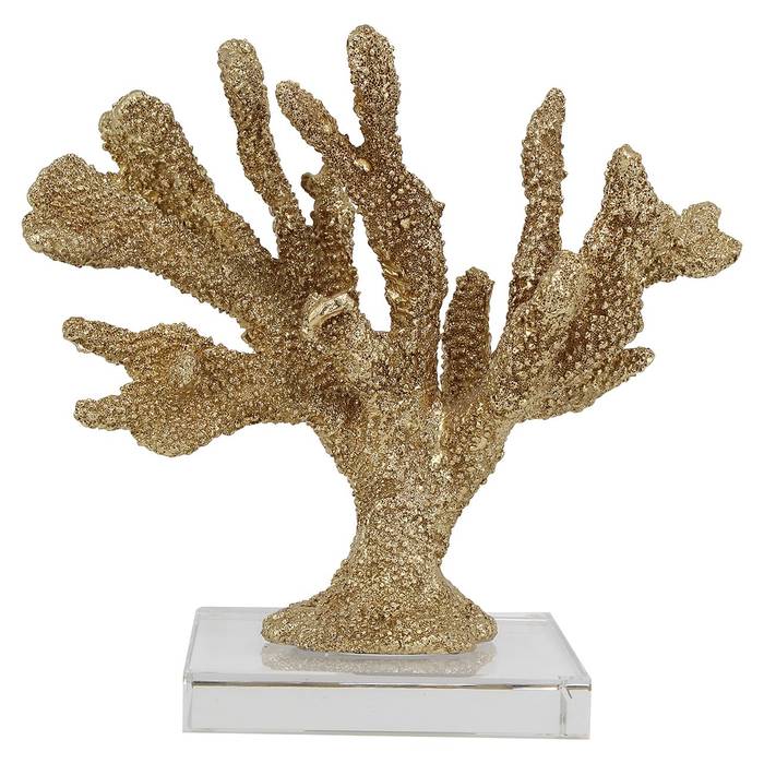 Deko-Objekt "Koralle Mette" von Richmond Decoration, goldene Koralle auf weißem Fuß, detailliertes Design, eleganter Blickfang für jedes Zuhause.
