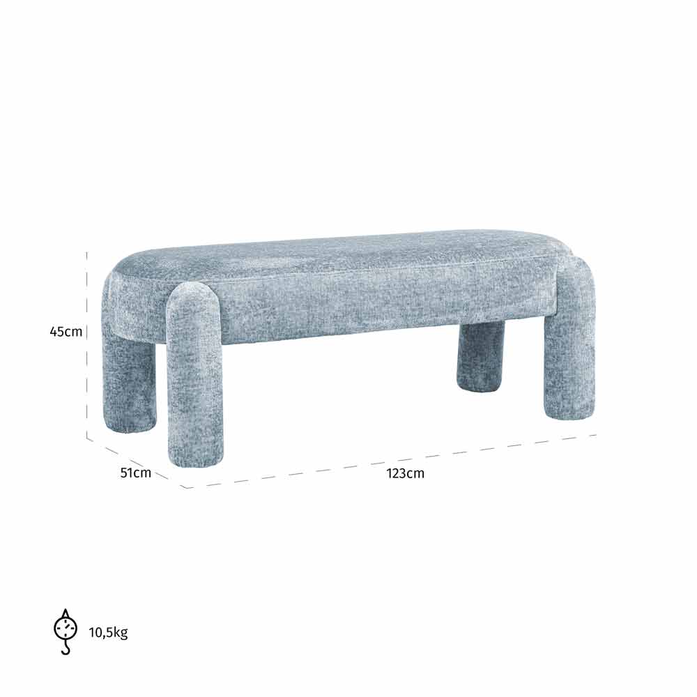 Moderner, grauer Polsterbank mit den Maßen 123x51x45 cm und einem Gewicht von 10,5 kg. Ideal für Zuhause oder Büro