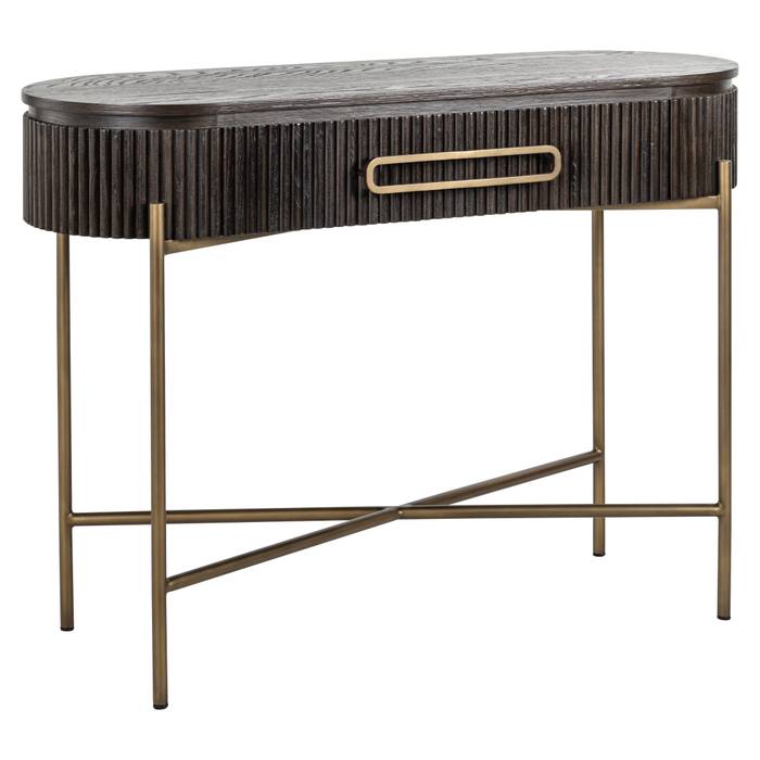 Luxor Ablagetisch mit 1 Schublade in Braun, aus dunkelbraunem Eichenfurnier. Mit paneelartiger Umrandung, goldfarbenen Akzenten und Eisenbeinen, vereint er elegante Ästhetik und funktionale Raffinesse. Ein Hauch von Luxus für Ihr Zuhause.