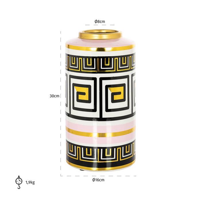  Die kleine Vase Leora aus lackiertem Ton mit harmonischem Muster in Schwarz, Weiß, Rosa und Gold mit Maßen
