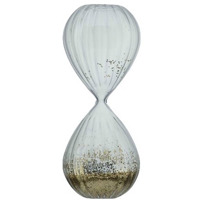 Eine Sanduhr namens „Eila” mit einem einzigartigen Design. Die Sanduhr hat einen klaren Glaskörper mit gerippter Textur und enthält goldfarbenen Sand.